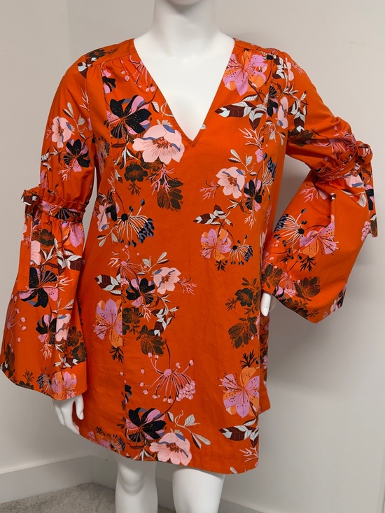 Free People Dresses & Skirts - Free People Orange Floral Boho Mini Dress Large Bell Sleeve 100% Cotton